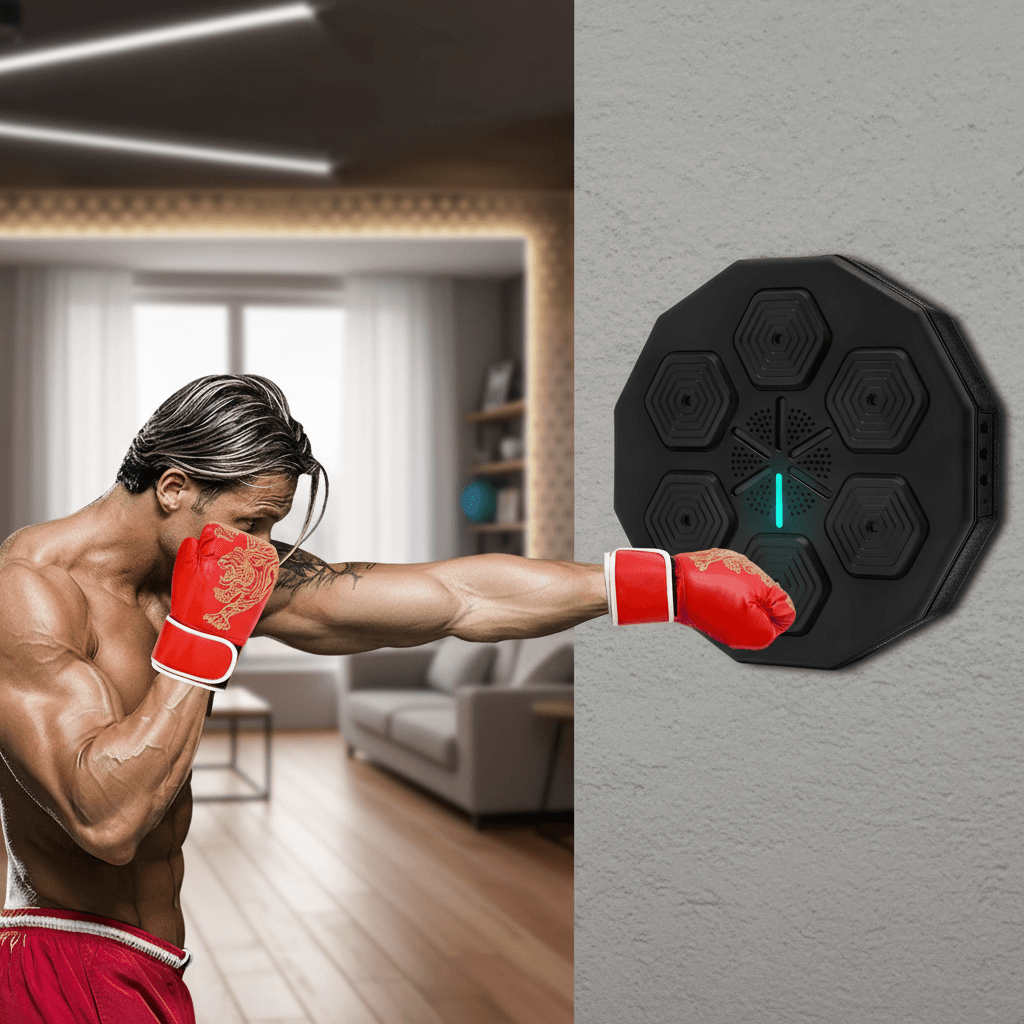 HitTempo Music Boxing Machine being used by man in living room wearing red boxing gloves