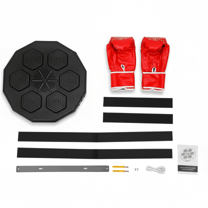 HitTempo Music Boxing Machine set with red gloves, black mat, and accessories on a white background
