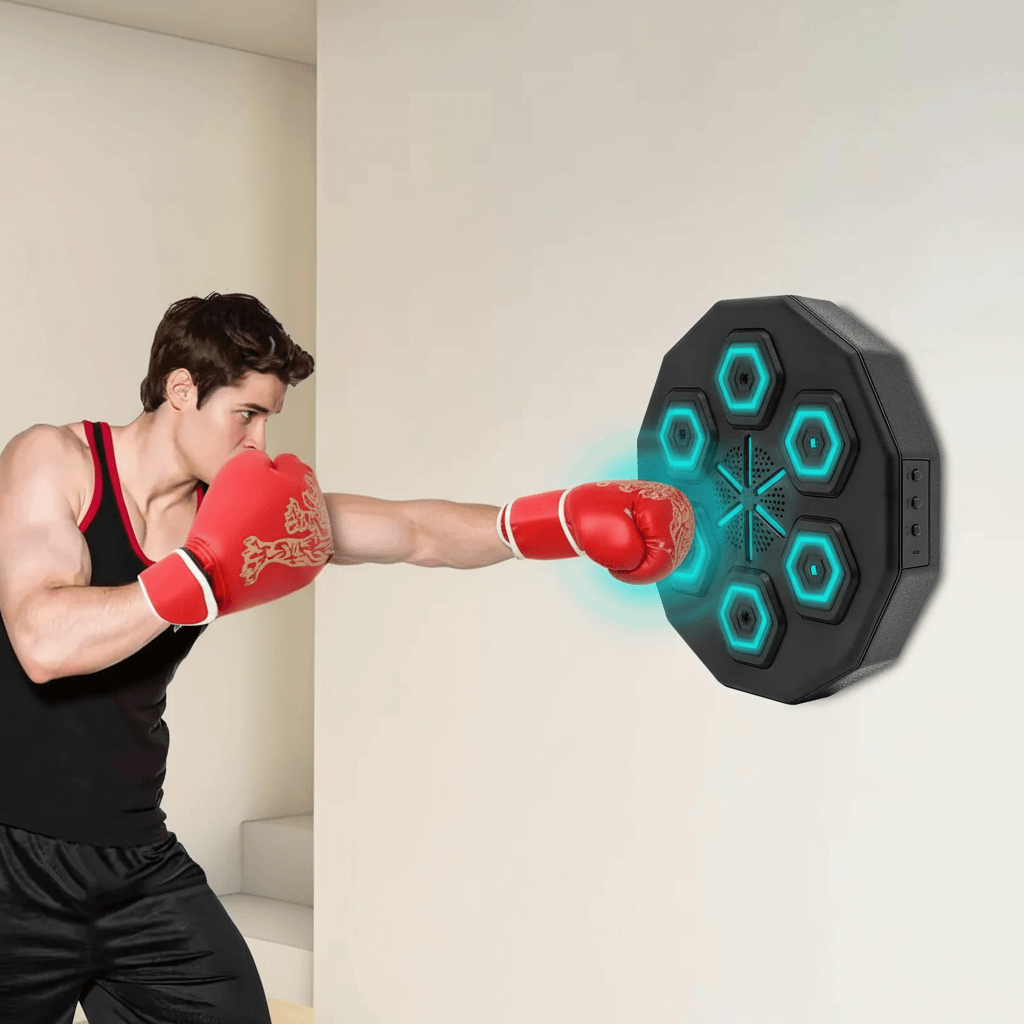 Music boxing machine by HitTempo being hit by man wearing red boxing gloves