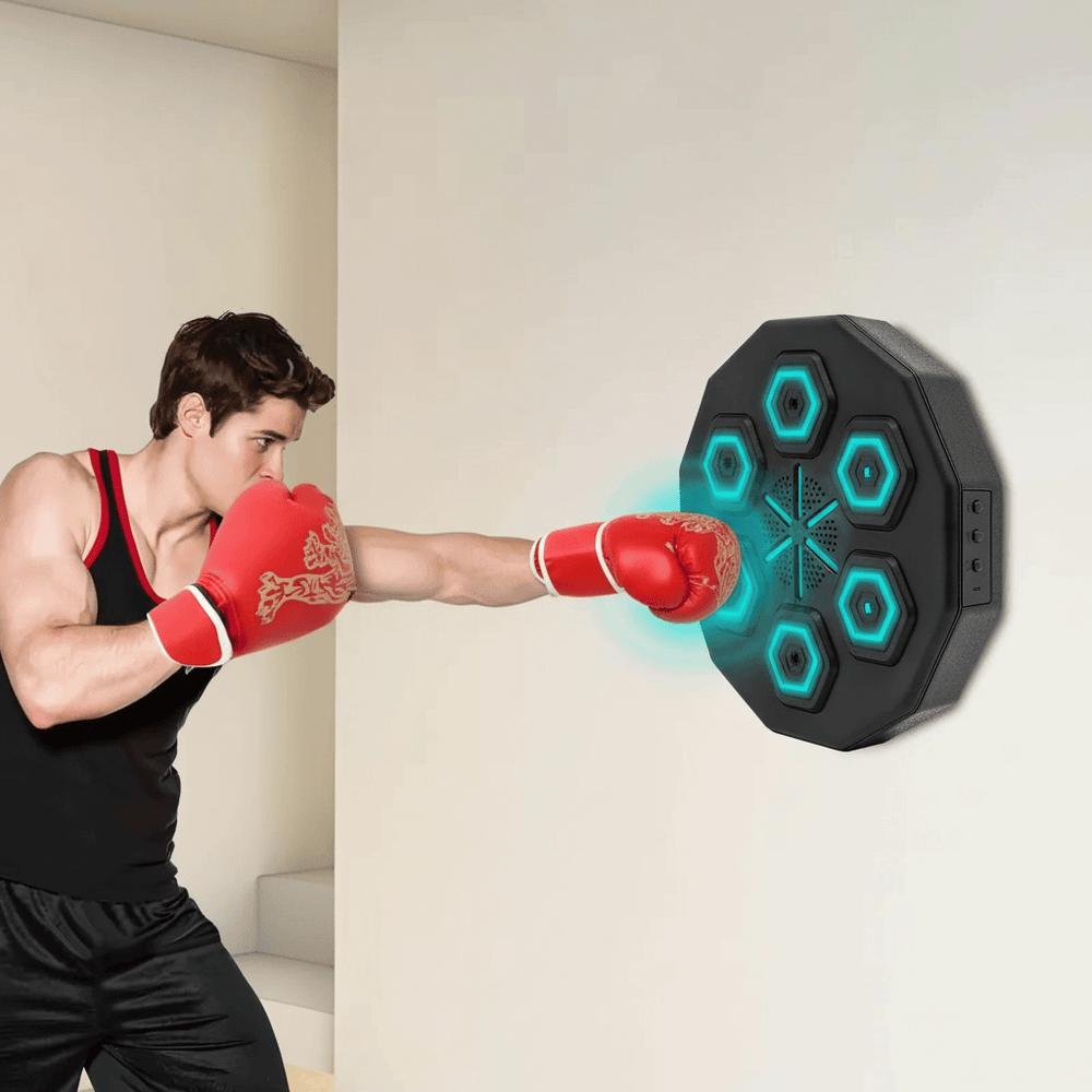 Music boxing machine by HitTempo being hit by man wearing red boxing gloves